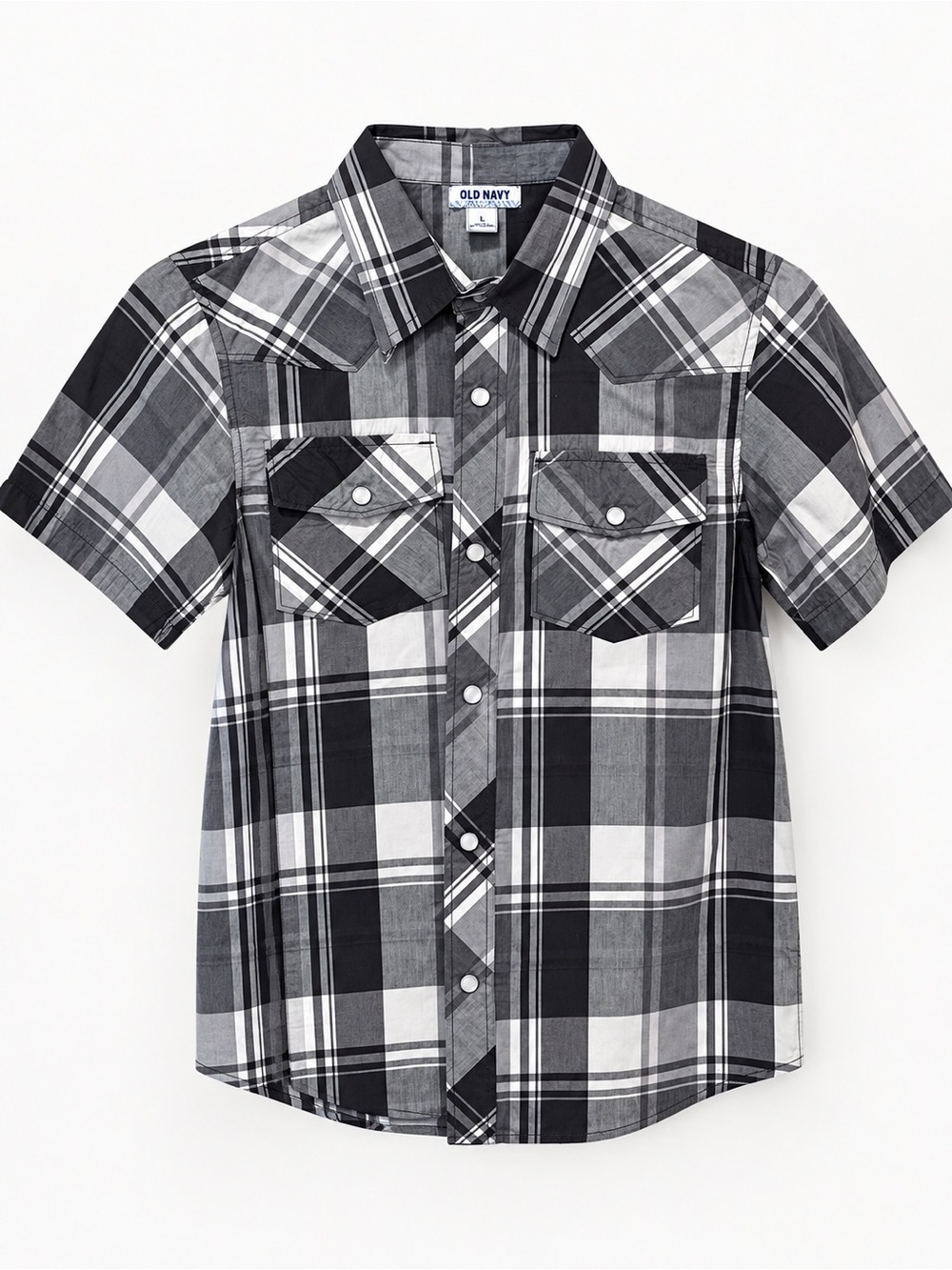 Boy’s Old Navy Black & White Plaid Short-Sleeve Button-Down Shirt